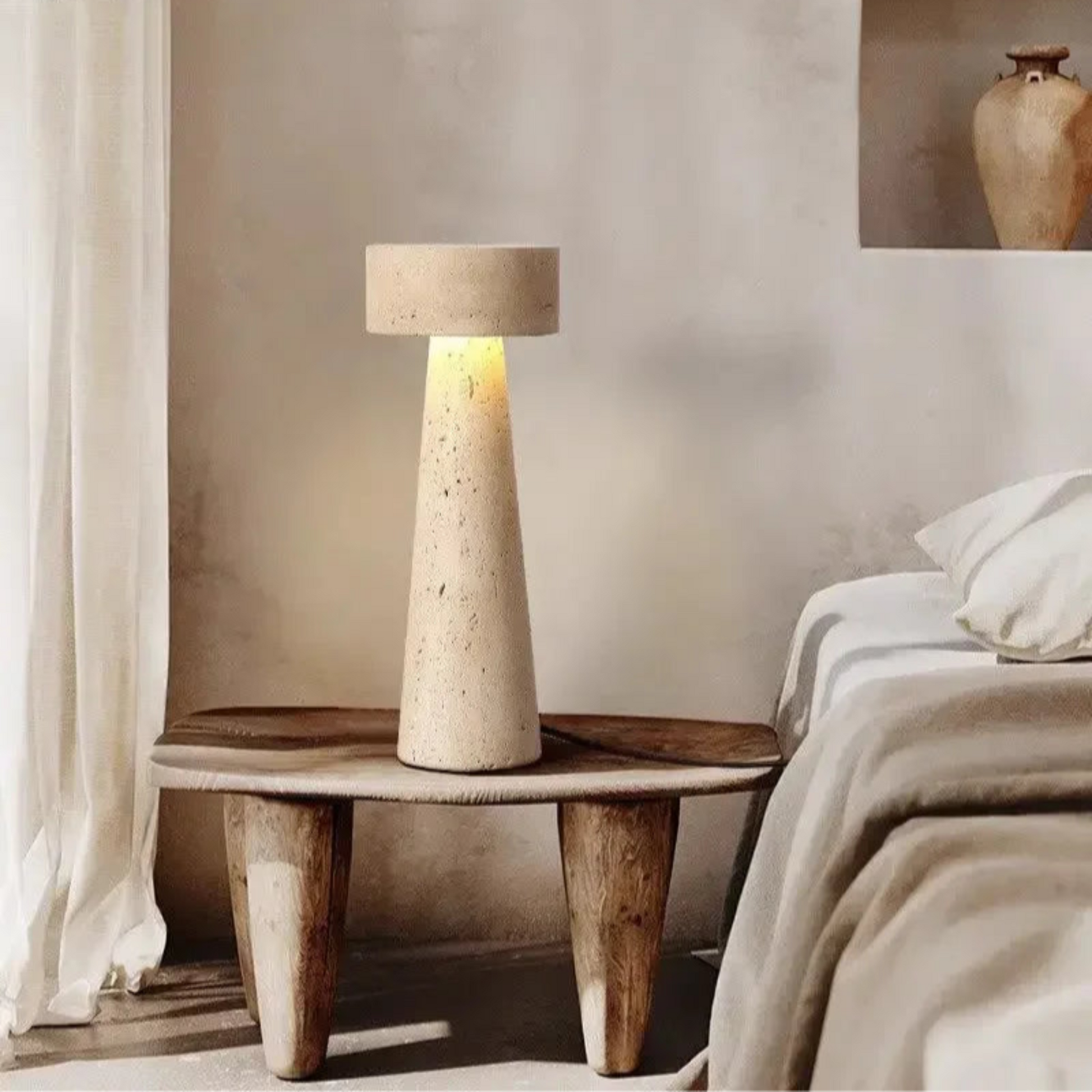 Decorative table with a lamp in a bedroom setting