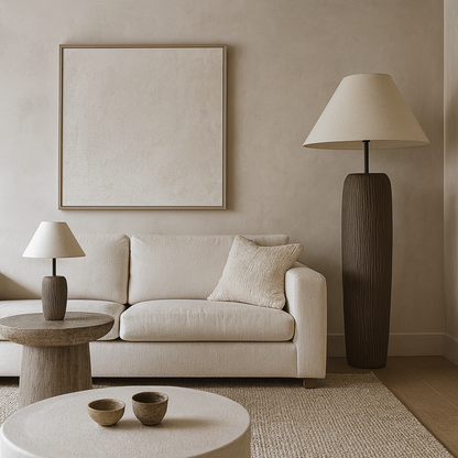 Modern living room with beige sofa, round coffee table, and decorative lamps.