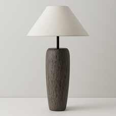 Table lamp with wooden base and white shade on a plain background