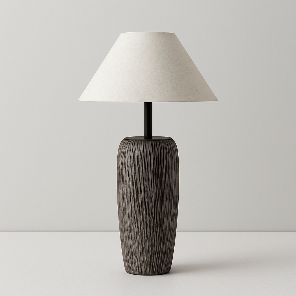 Table lamp with textured wooden base and beige lampshade on a light gray background