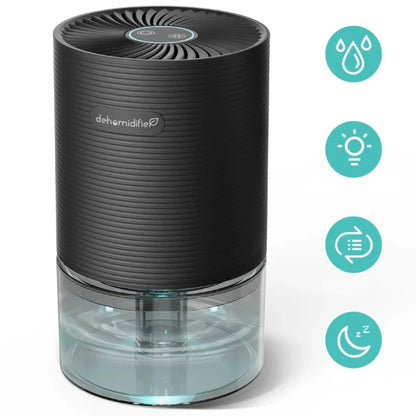 Black dehumidifier with features listed on a white background