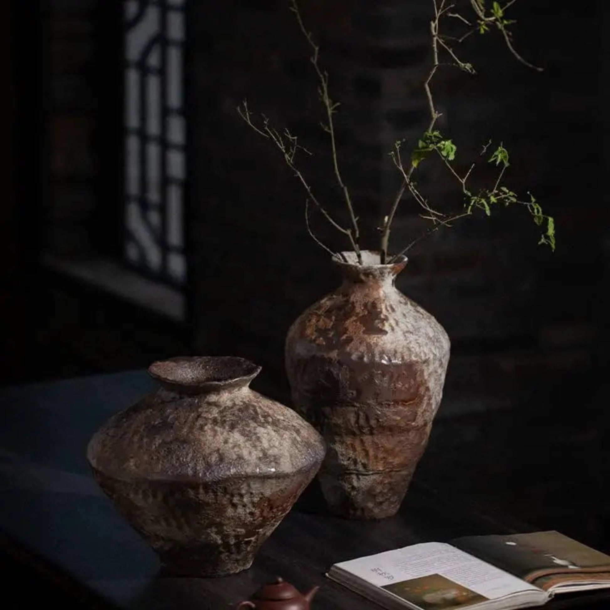 Two rustic vases with a branch on a dark surface, with an open book in the foreground.