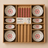 Set of ceramic bowls and chopsticks with floral design in a wooden box