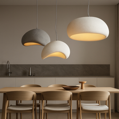 Modern kitchen with pendant lights hanging above a dining table.