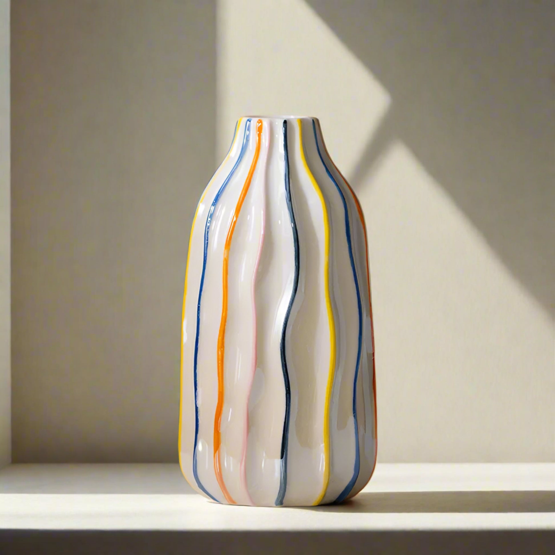 Decorative vase with colorful stripes and measurements on a brown background