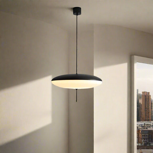 Pendant light with dimensions and specifications on a gray background