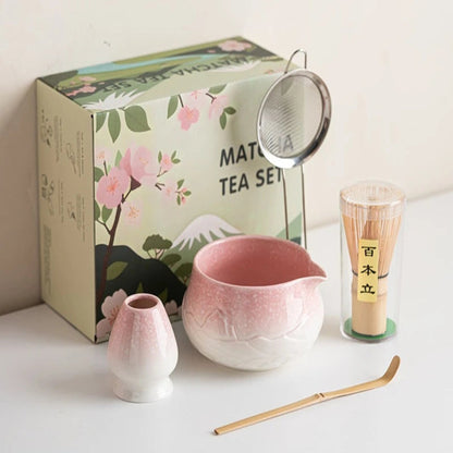 Matcha tea set with a decorative box on a white surface