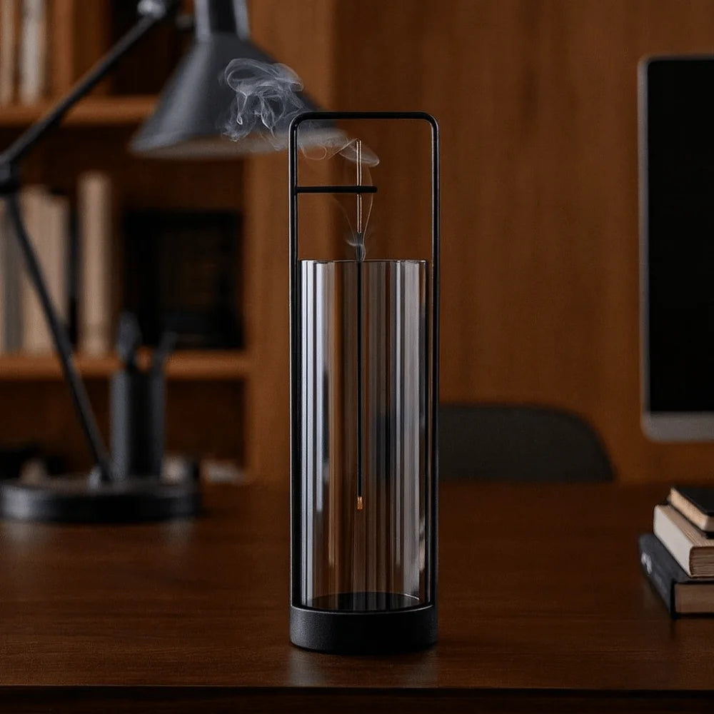 Clear glass diffuser emitting steam on a wooden desk with books and a lamp in the background