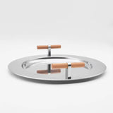 Stainless steel tray with wooden handles on a white background