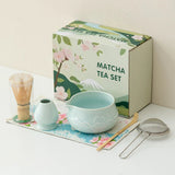 Matcha tea set with a matching box on a white surface