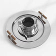 Chrome stove burner with wooden handles on a white background