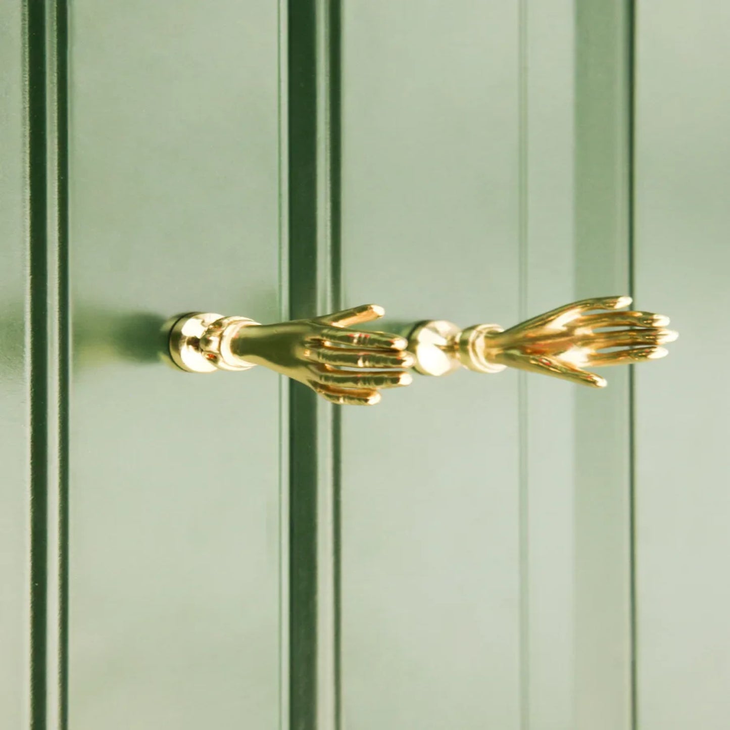 Gold cabinet handle on a green cabinet door