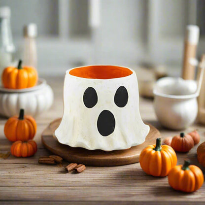 Halloween ghost-themed candy bucket with dimensions on a white background