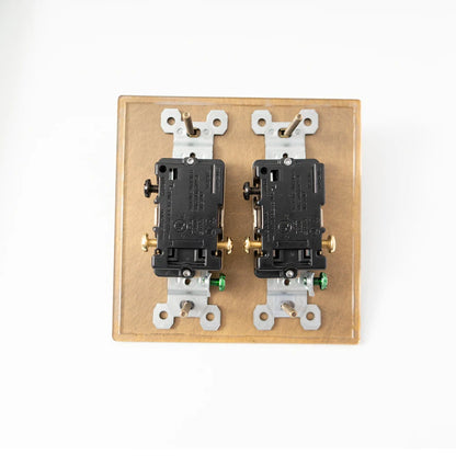 Double electrical switch with brass plate on a white background
