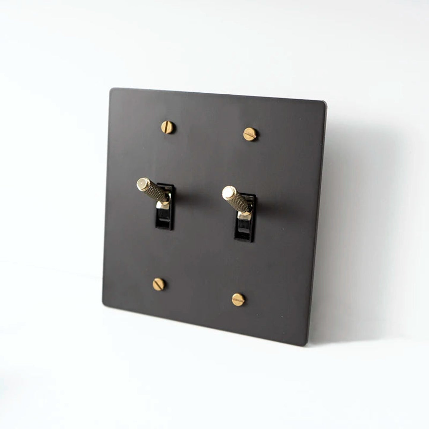Black switch plate with gold screws on a white background