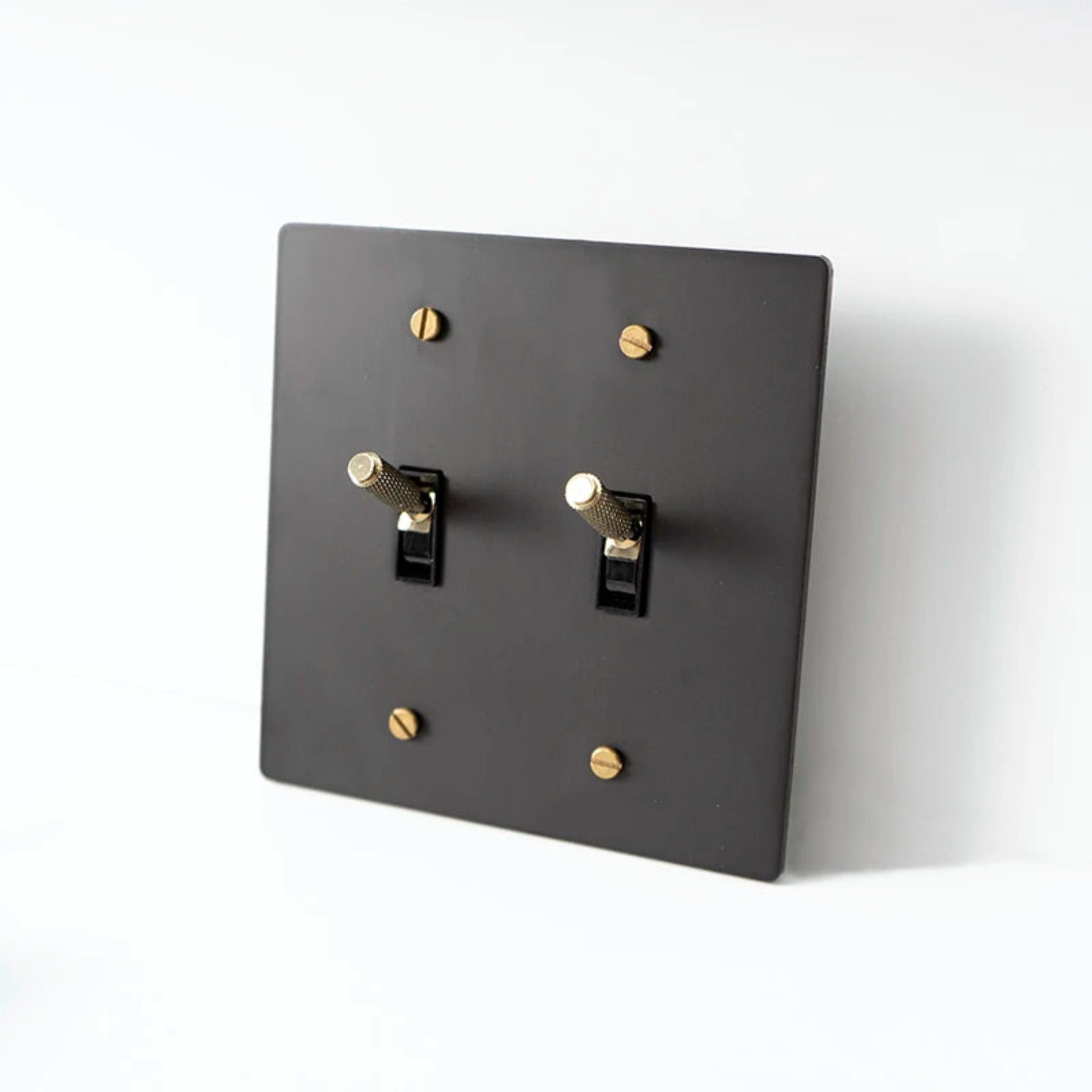 Black switch plate with gold screws on a white background