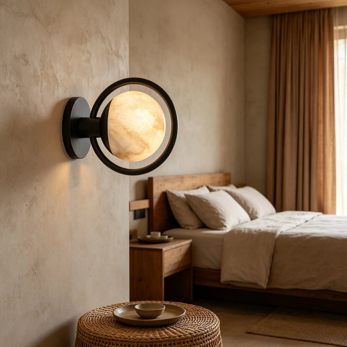 A modern wall-mounted light fixture with a circular black frame and a warm glowing oval bulb, installed on a textured beige wall in a softly lit bedroom with a bed, nightstand, and curtains.