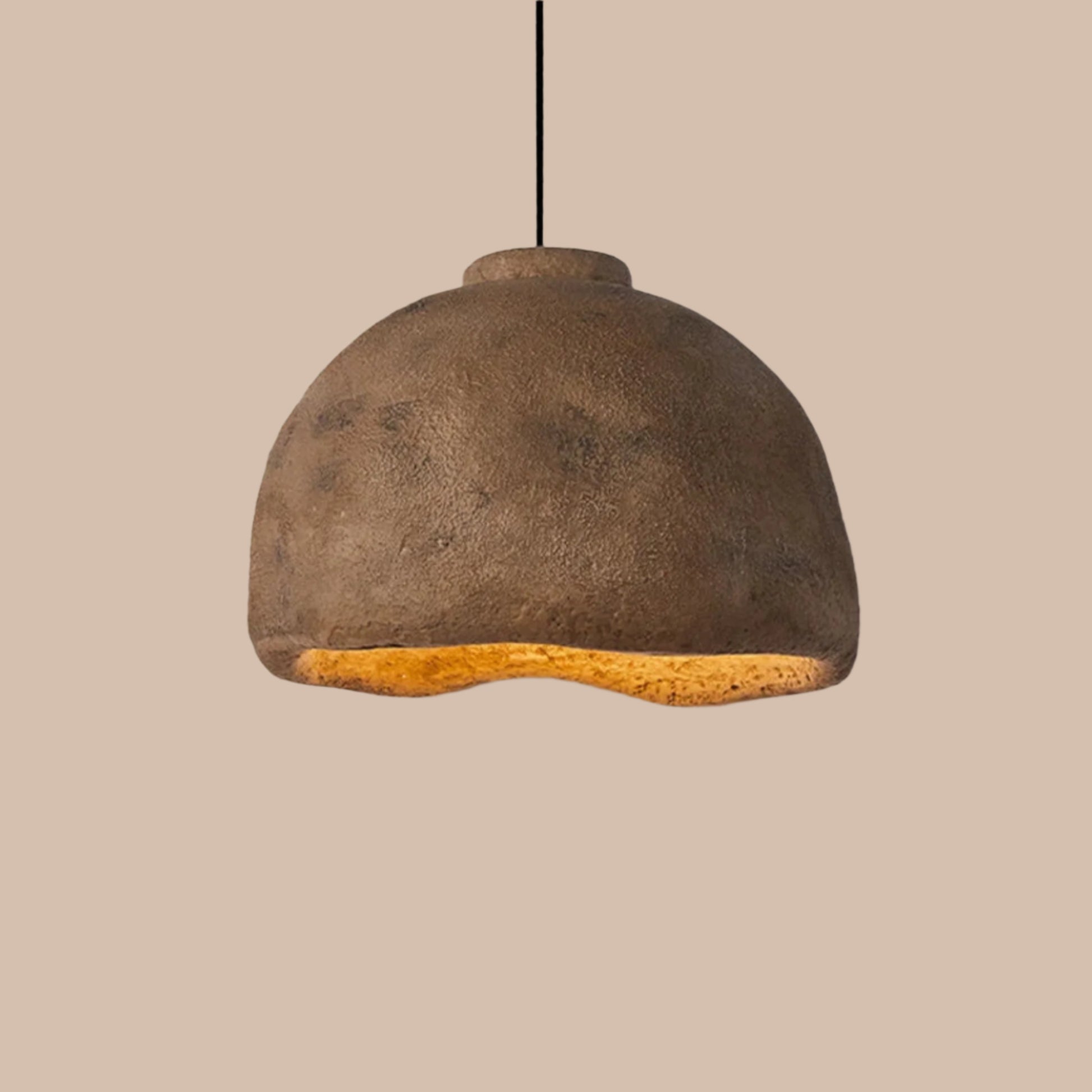 Brown pendant light with a textured surface on a plain background