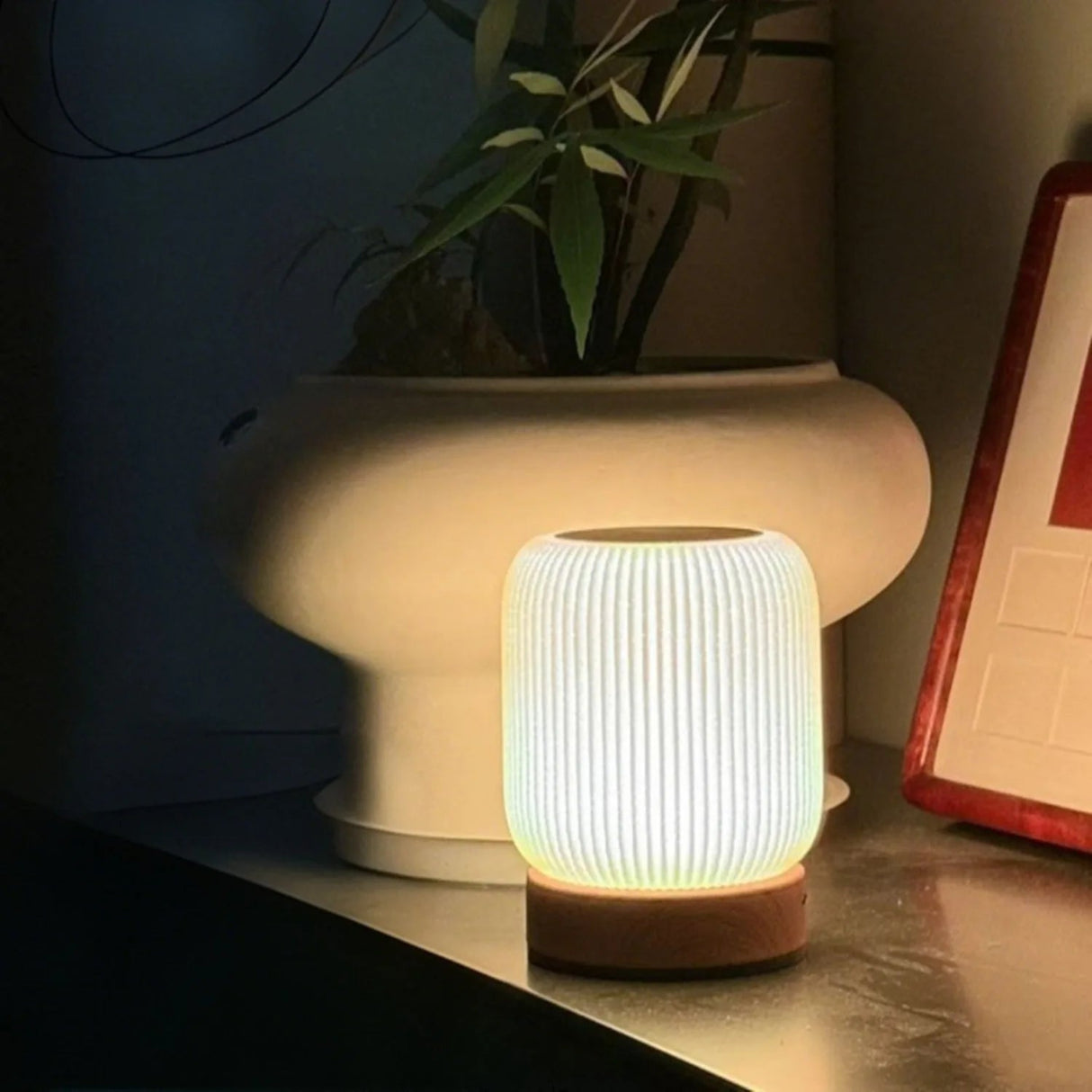 Close-up of the Nocturne Touch Wireless Bedside Lamp showing wood texture and craftsmanship