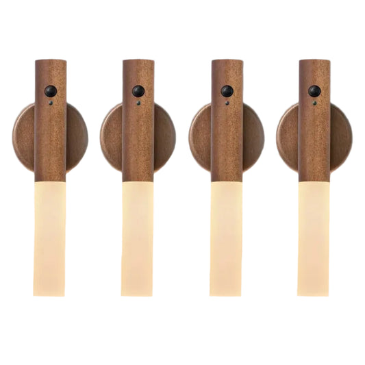 Four wooden wall sconces with light bulbs on a gray background