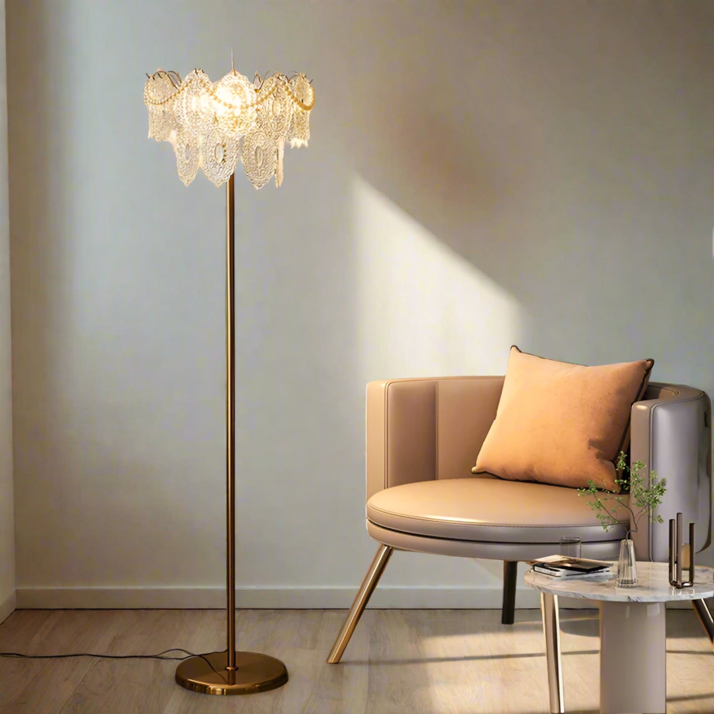 Decorative floor lamp in a living room with a discount banner.
