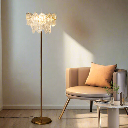 Decorative floor lamp in a living room with a discount banner.