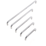 Set of four chrome cabinet handles on a white background