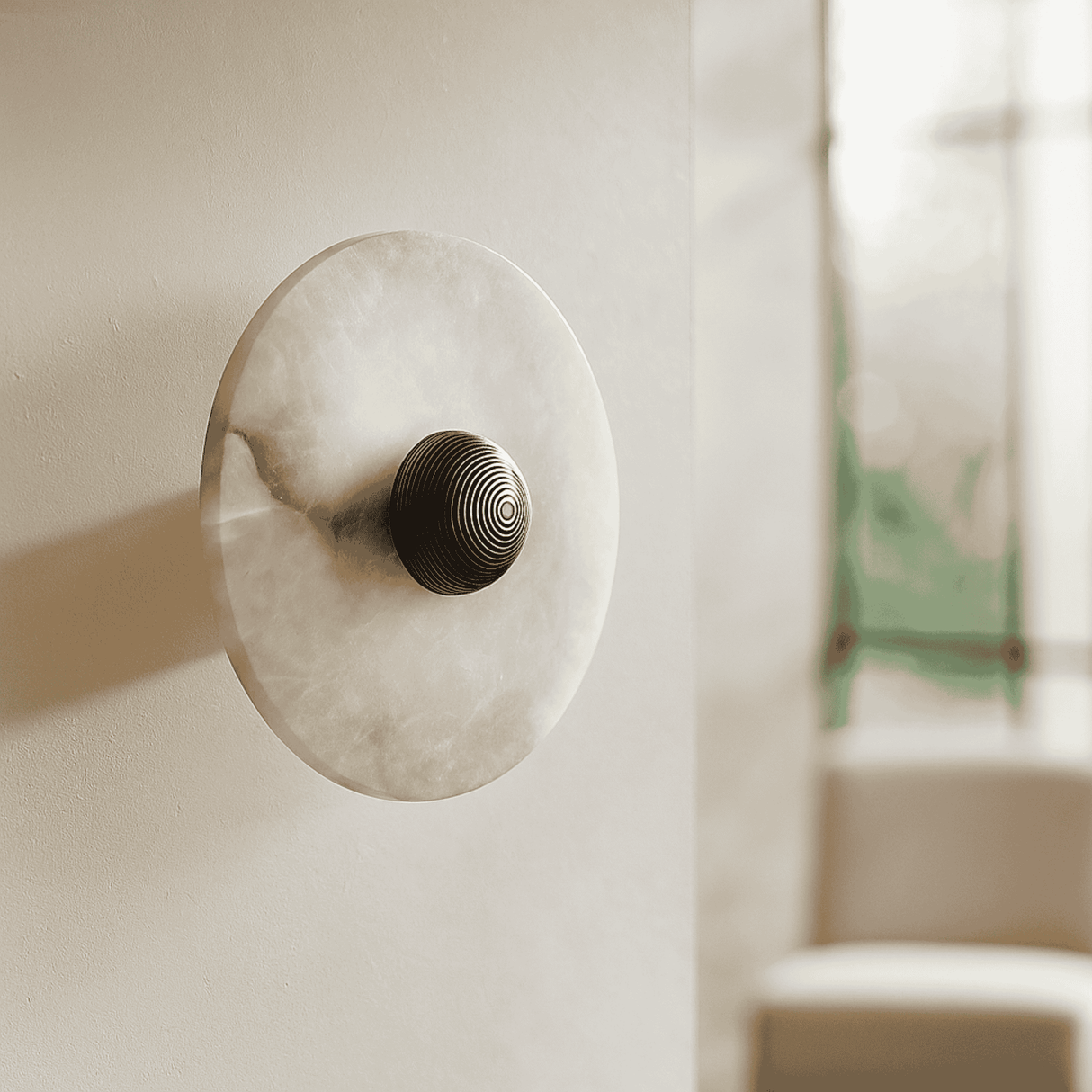 Decorative wall light fixture with marble-like finish on a neutral background