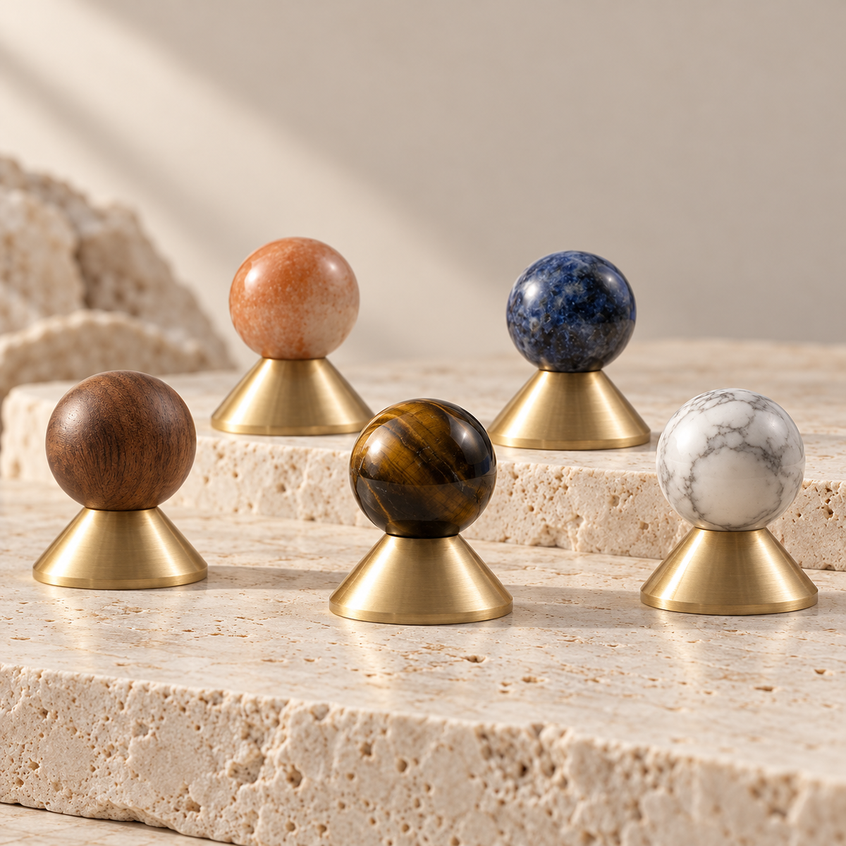 Solvi Brass Ball Cabinet Knobs – Apricot, Blue Veined, Walnut Wood, Amber Banded and White Veined – Studio group on travertine