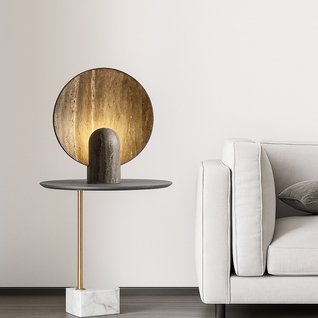 Modern side table with a round wooden top and marble base next to a white sofa.