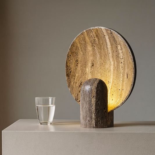 Ceramic lamp with a glass of water on a neutral background