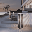 Modern outdoor setting with decorative lamps and a building in the background
