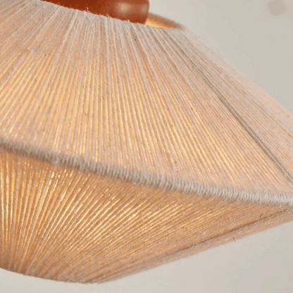 Close-up of a textured lampshade with a wooden base.