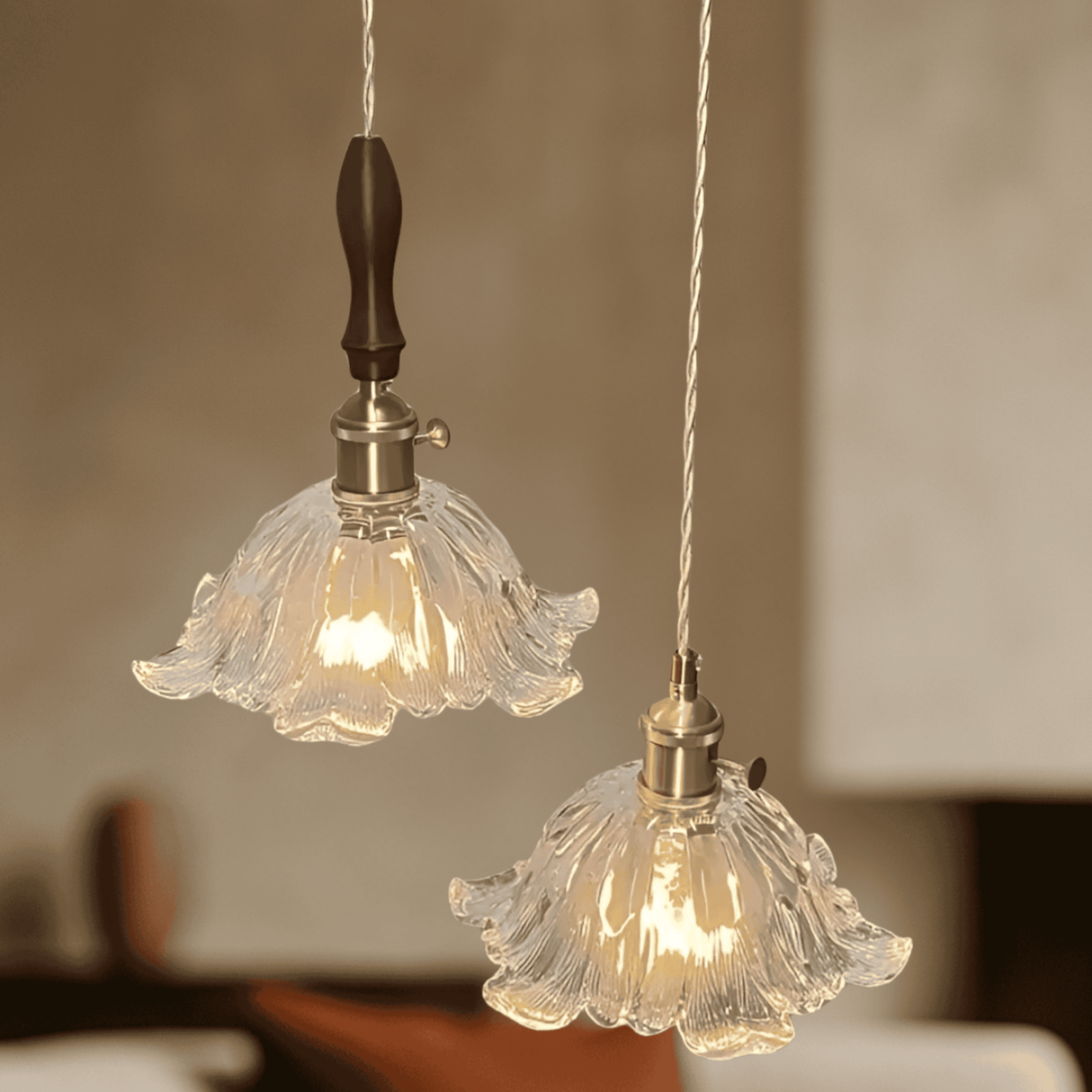 Two vintage-style pendant lights with floral glass shades on a blurred background.