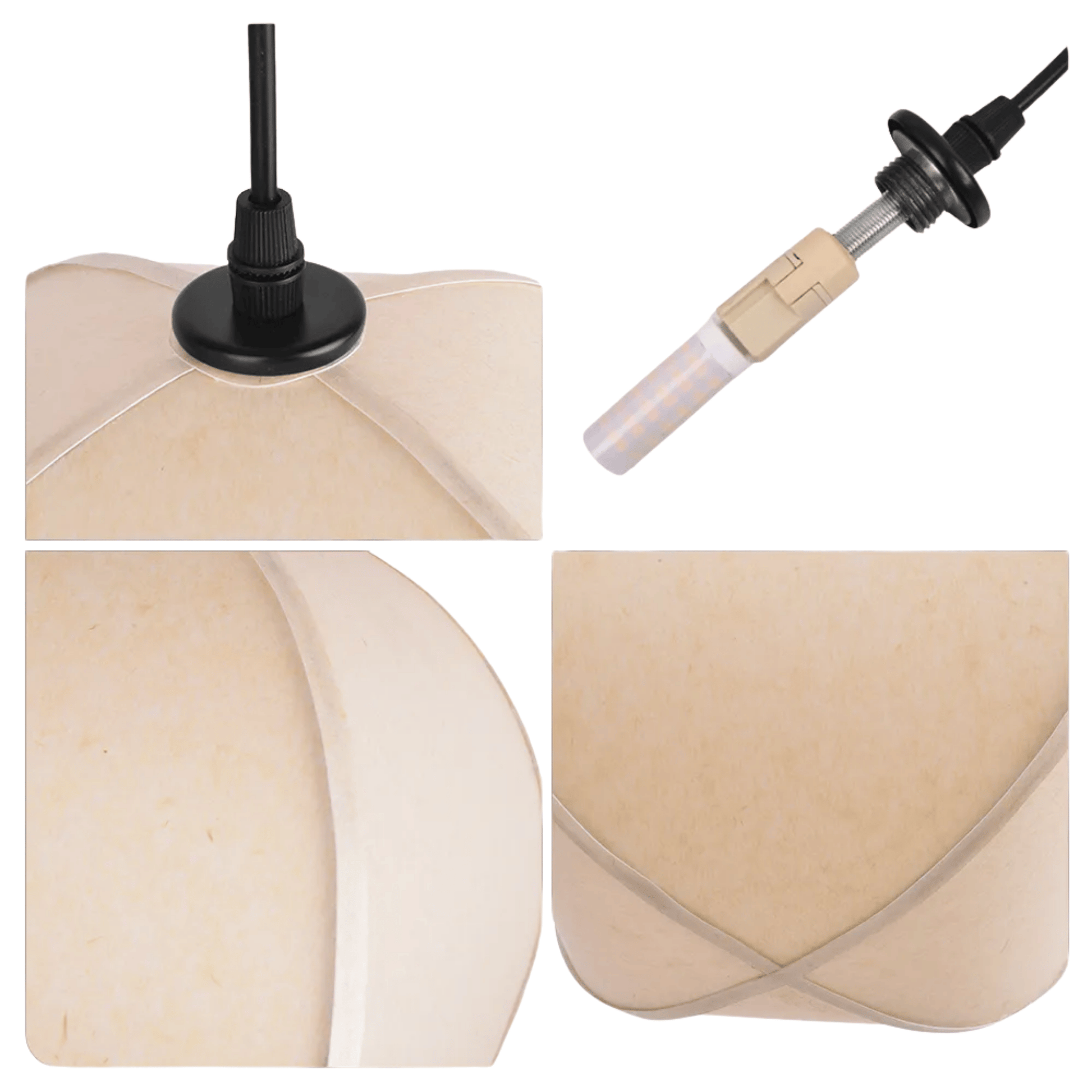 Collage of a beige lampshade with black pendant light and white tool on a white background