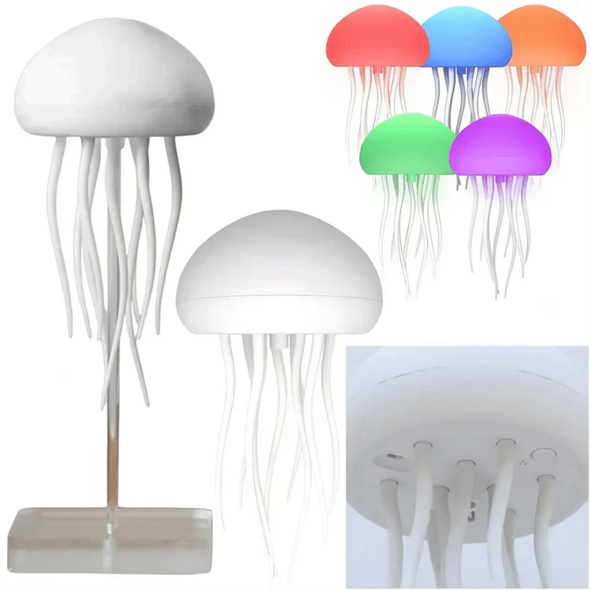 Jellyfish-shaped lamps with white bases and colorful tops on a white background.