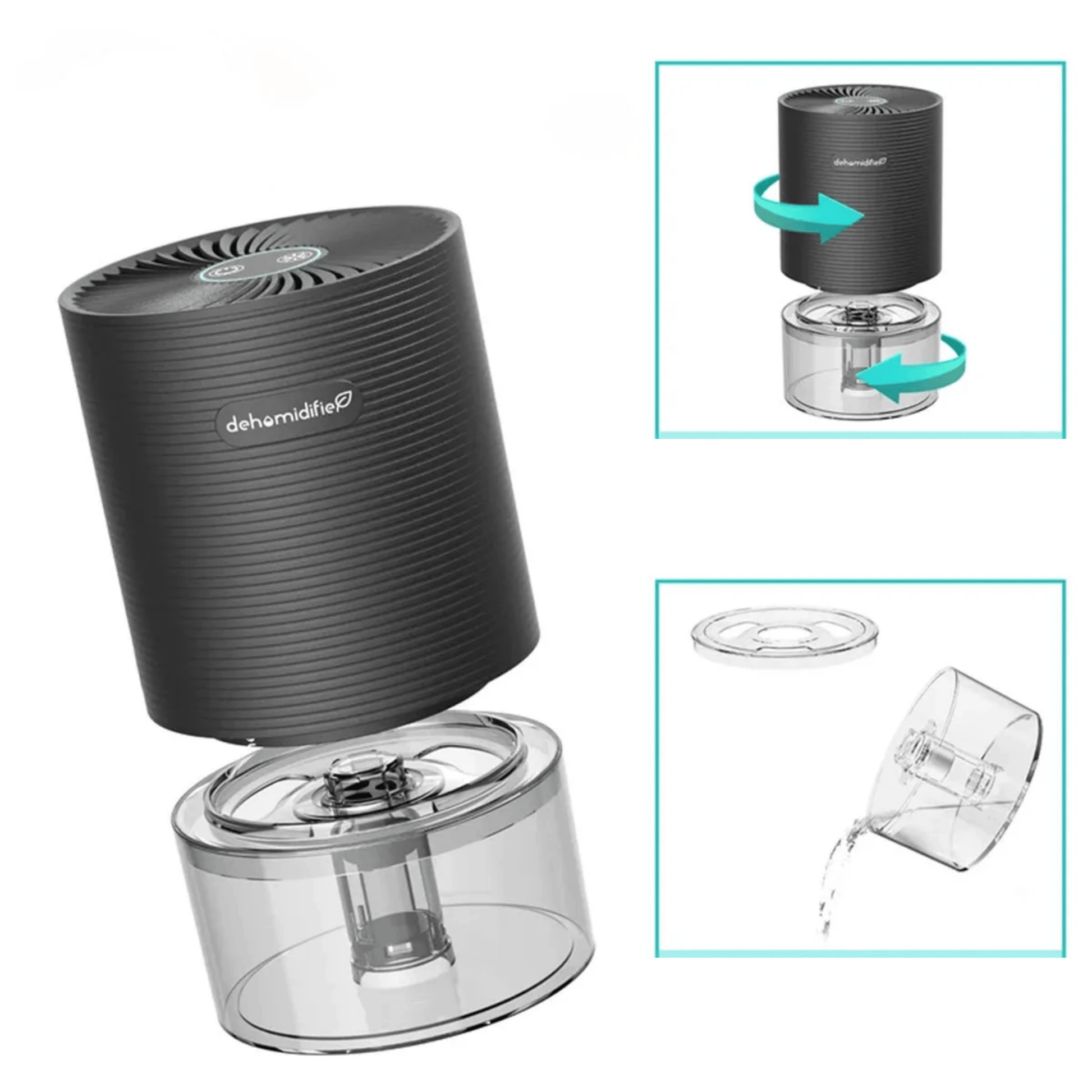 Black dehumidifier with detachable parts on a white background