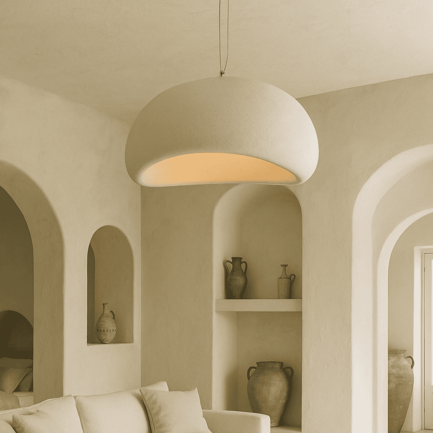 Beige pendant light hanging in a room with arched walls and shelves.