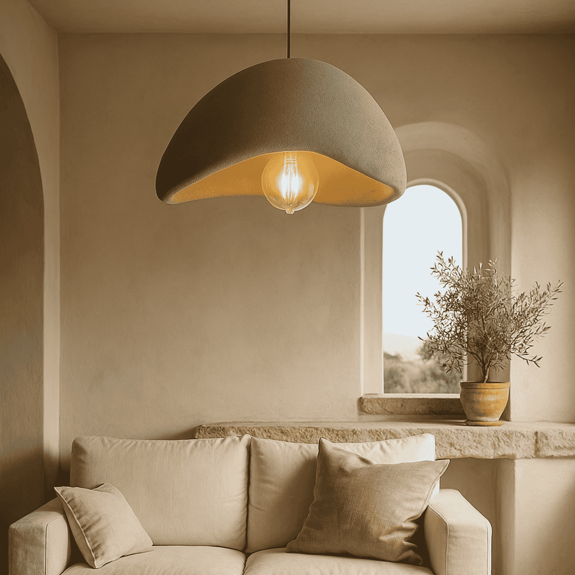 Beige living room with a pendant light, sofa, and window view.