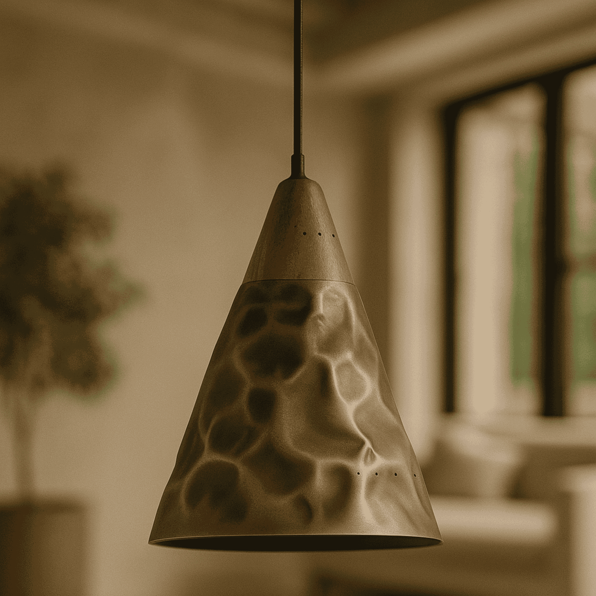 Textured pendant light fixture in a blurred indoor setting