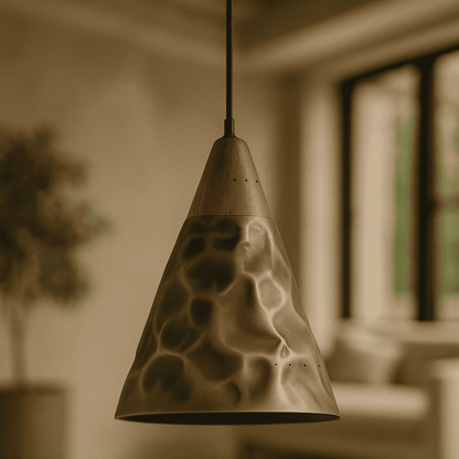 Textured pendant light fixture in a blurred indoor setting