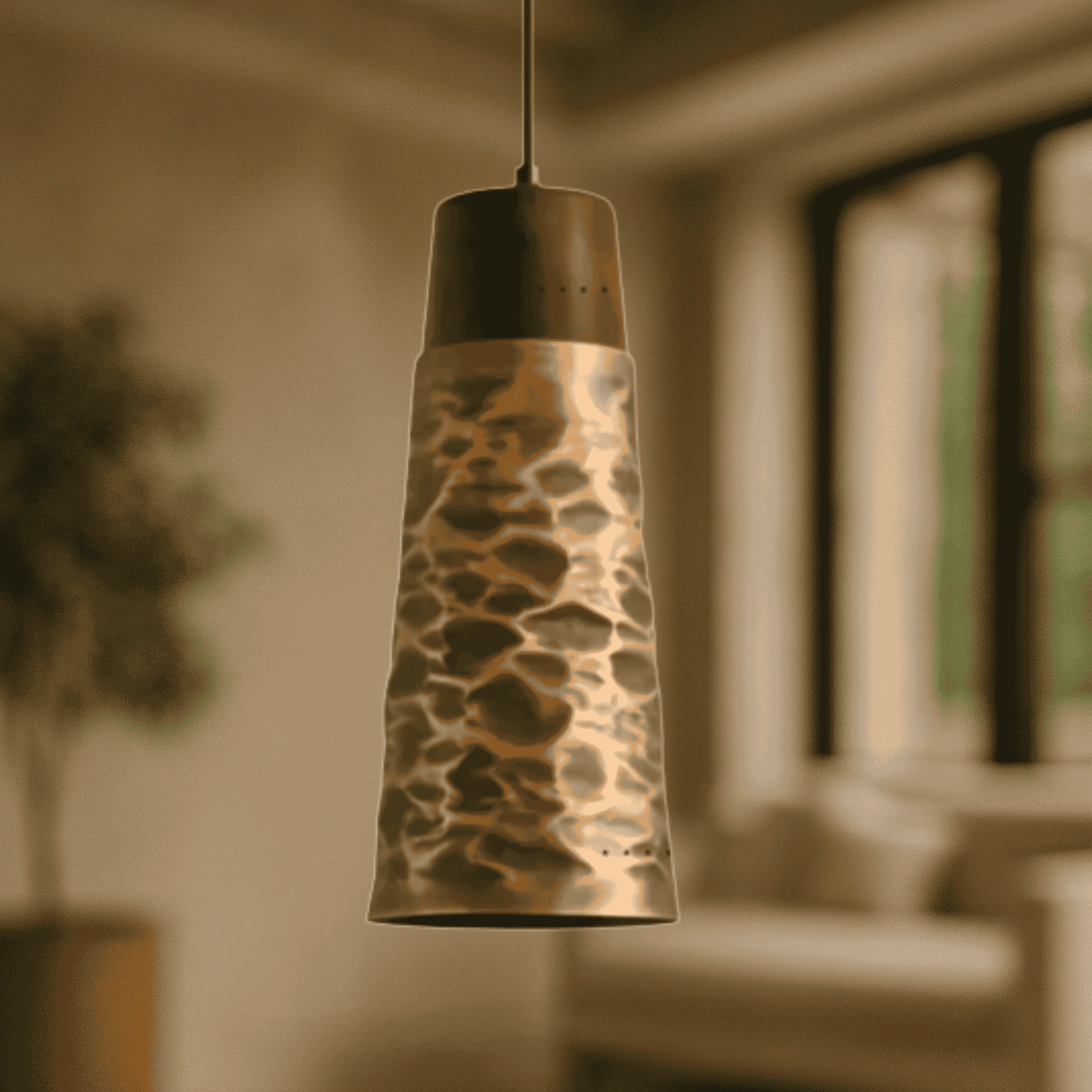 Decorative pendant light with a textured design in a blurred indoor setting