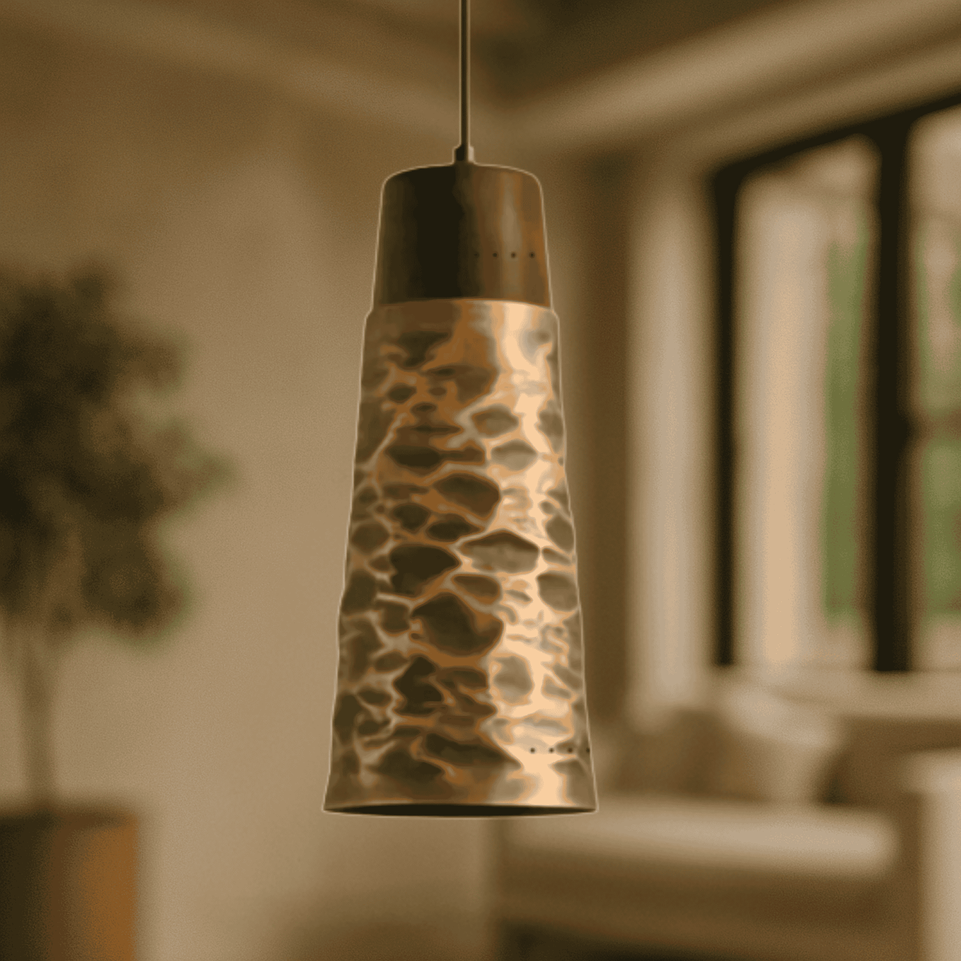 Decorative pendant light with a textured design in a blurred indoor setting