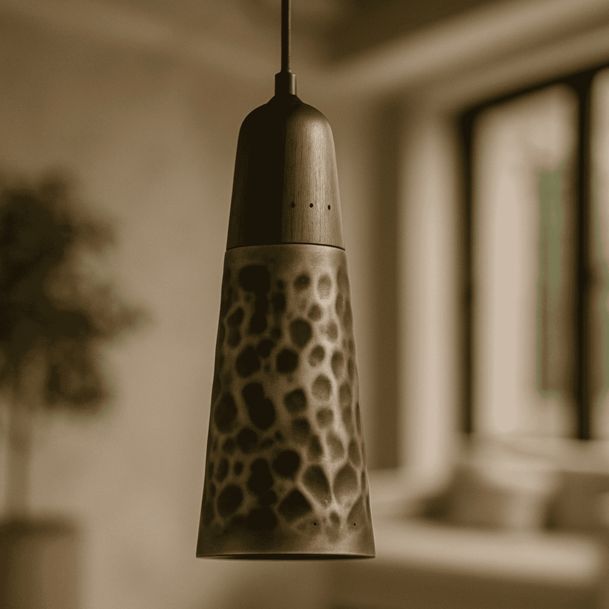 Decorative pendant light with a unique pattern in a blurred indoor setting