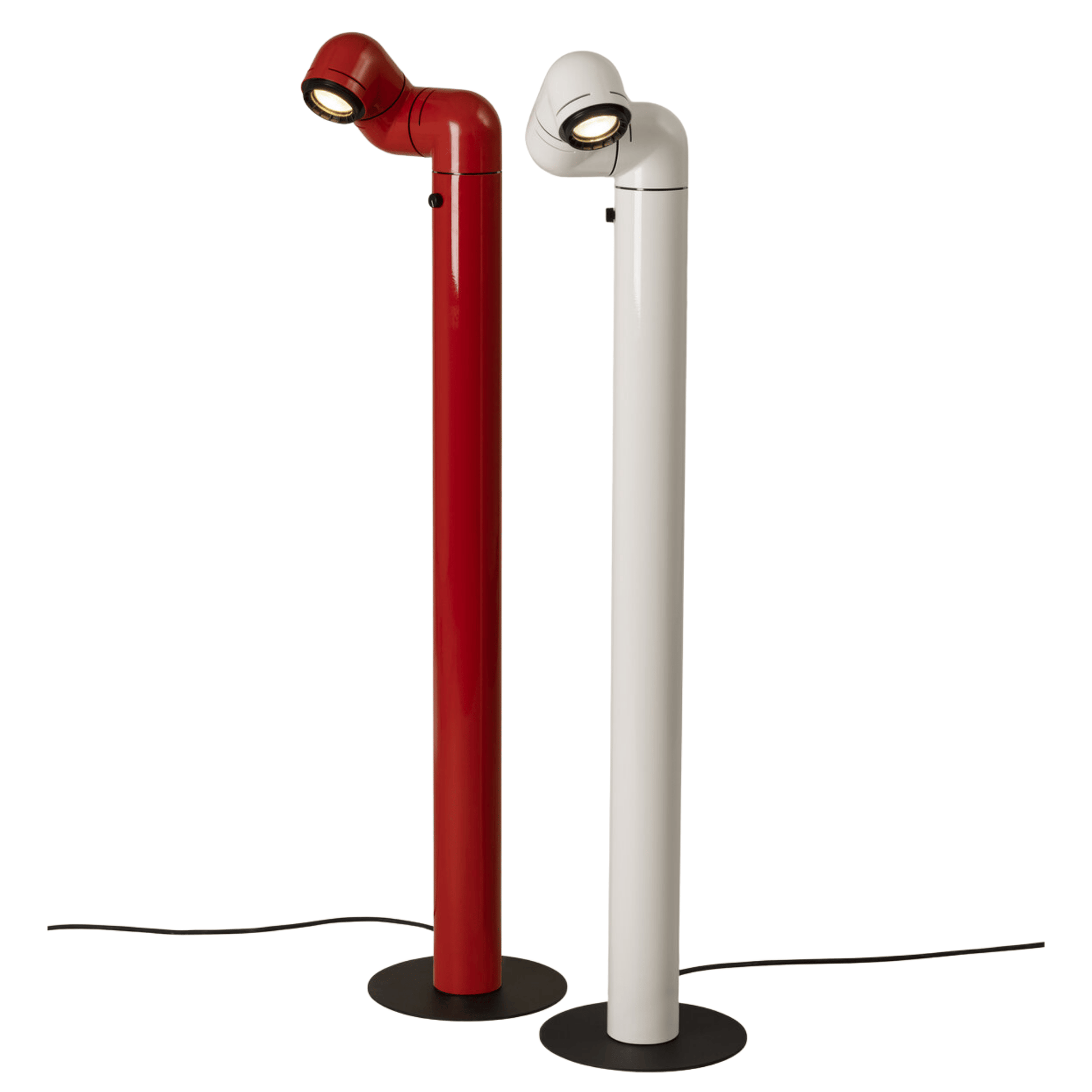 Red and white floor lamps on a white background