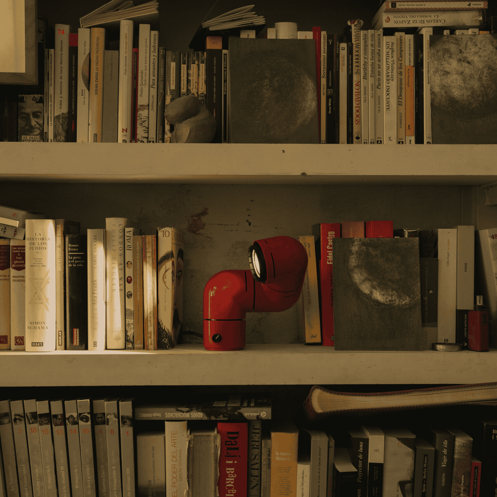 Bookshelf with books and a red flashlight