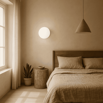 Cozy bedroom with wooden bed, wall lamp, and pendant light.
