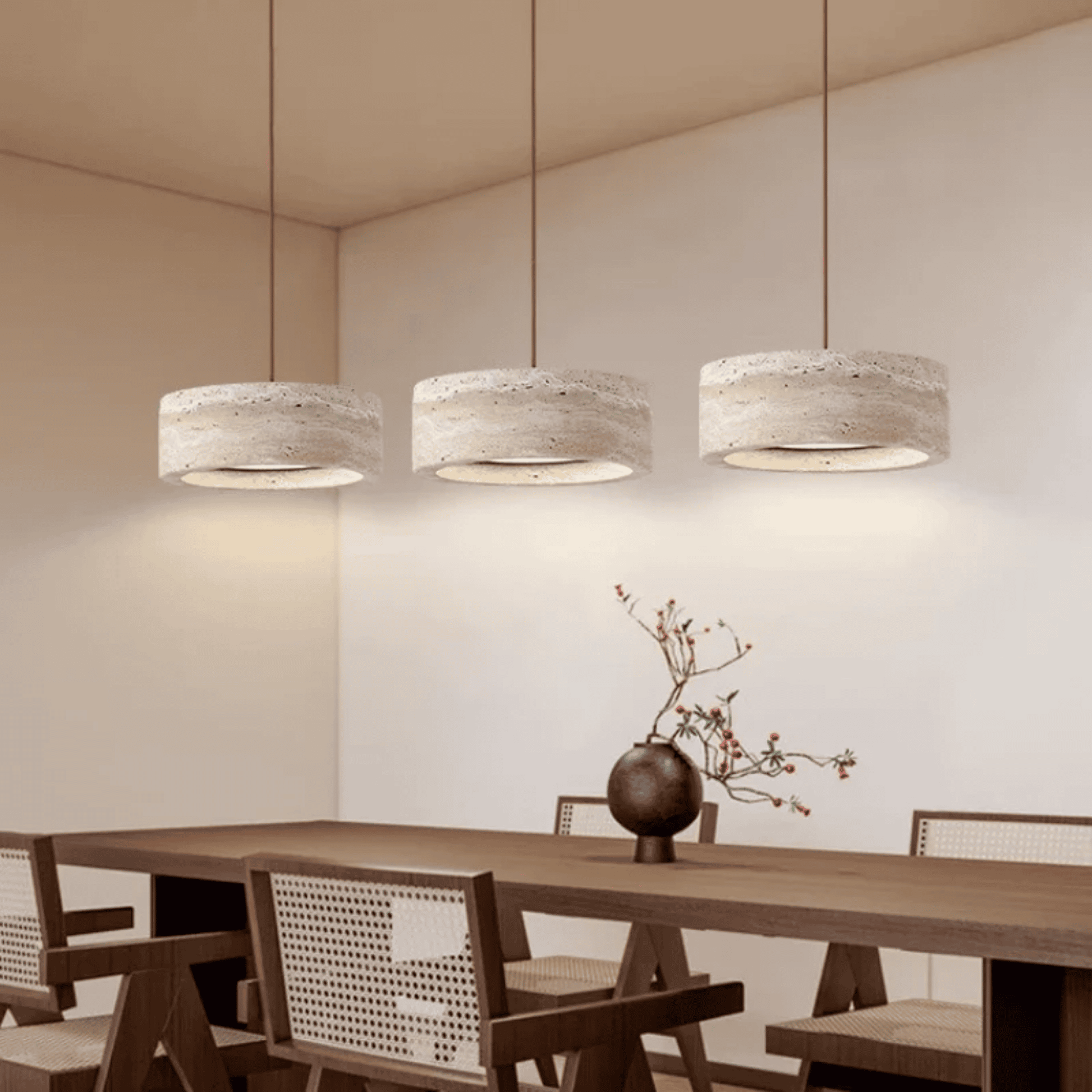 Three pendant lights hanging above a wooden dining table with chairs in a modern interior setting.