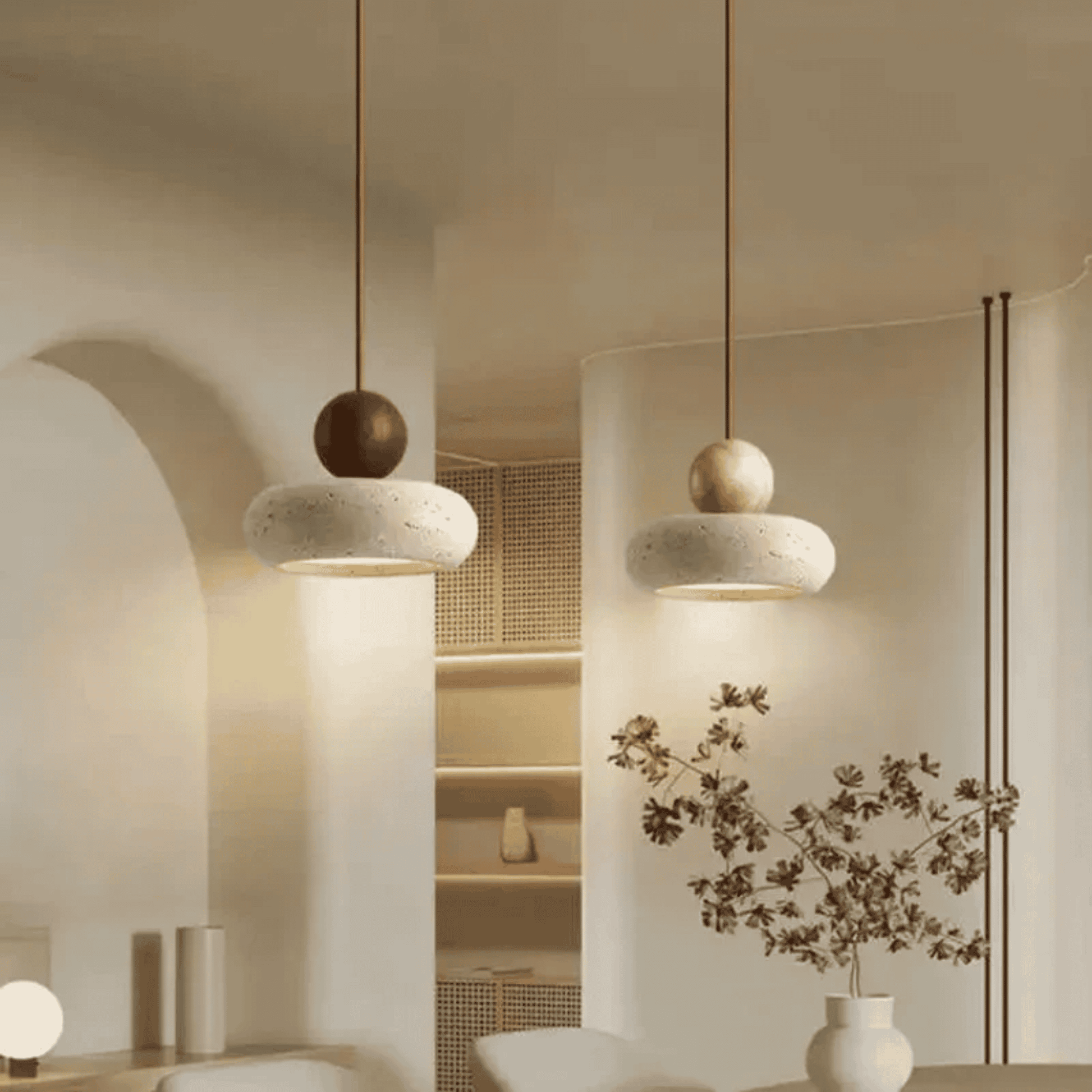 Modern pendant lights hanging in a softly lit room with minimal decor.