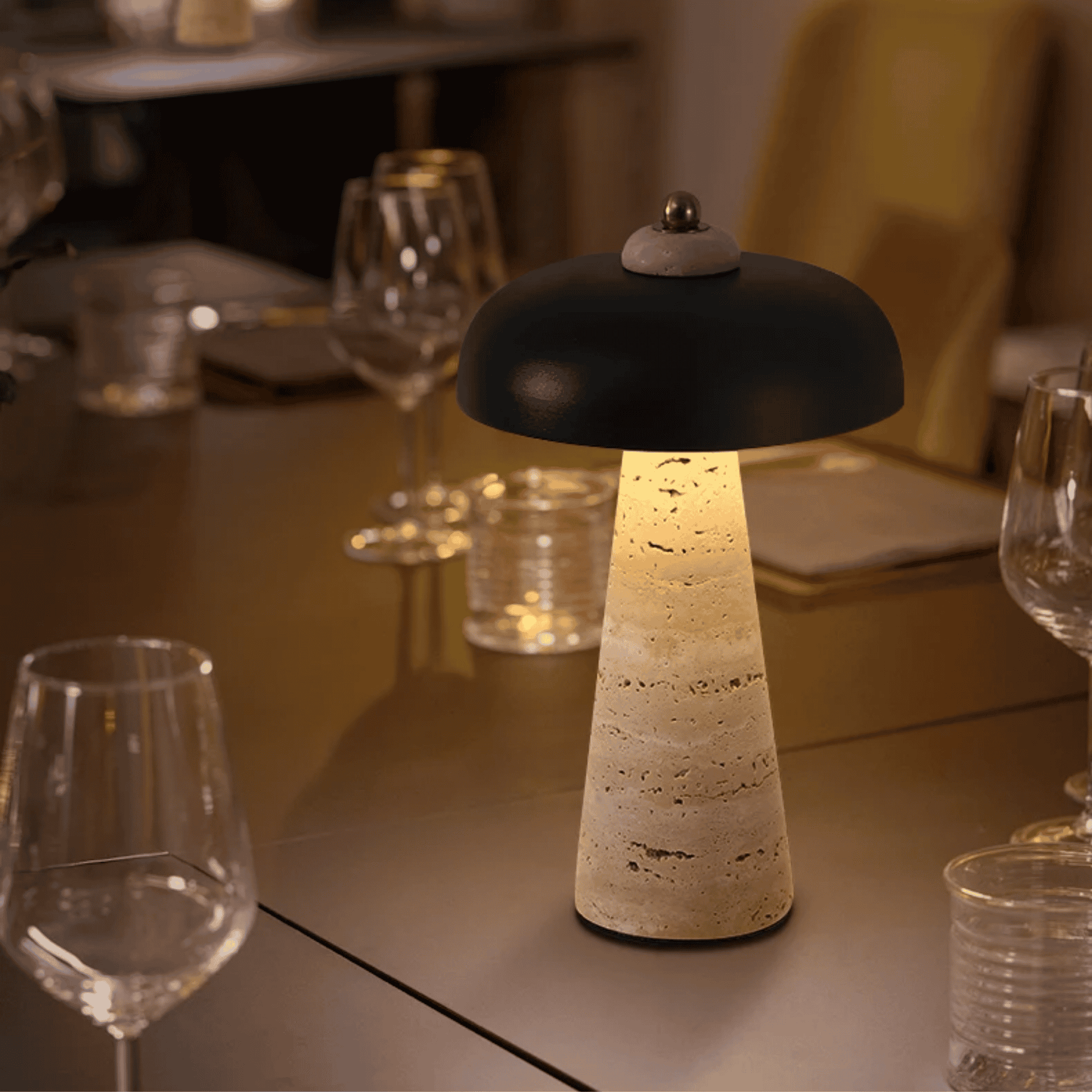 Decorative table lamp on a dining table with wine glasses and cutlery in the background